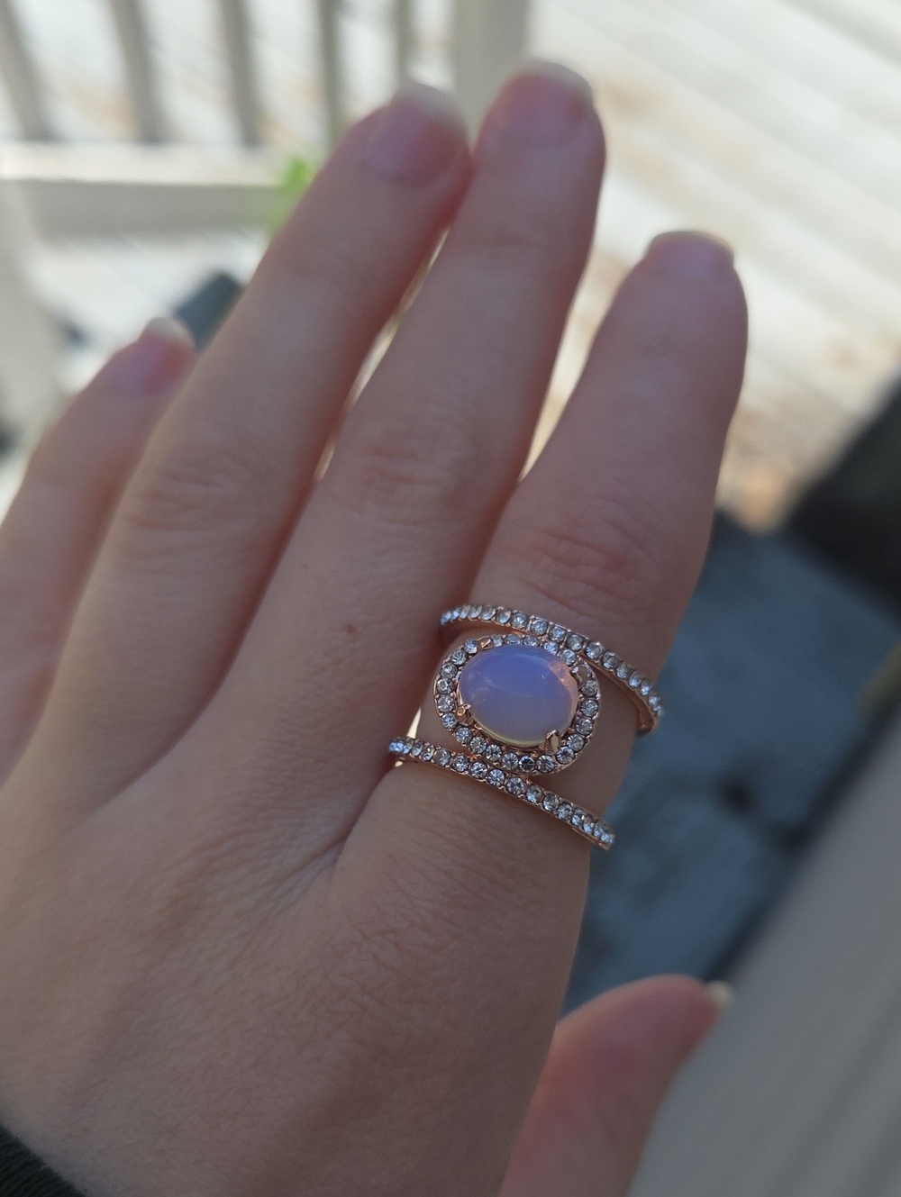 Moonstone rhinestone double ring